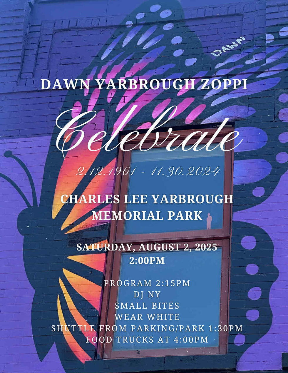 Celebration of Life for Dawn Yarbrough Zoppi at Charles Lee Yarbrough Memorial Park on August 2, 2025, featuring a vibrant butterfly mural backdrop. Attendees are encouraged to come out, enjoy a DJ, small bites, and food trucks.
