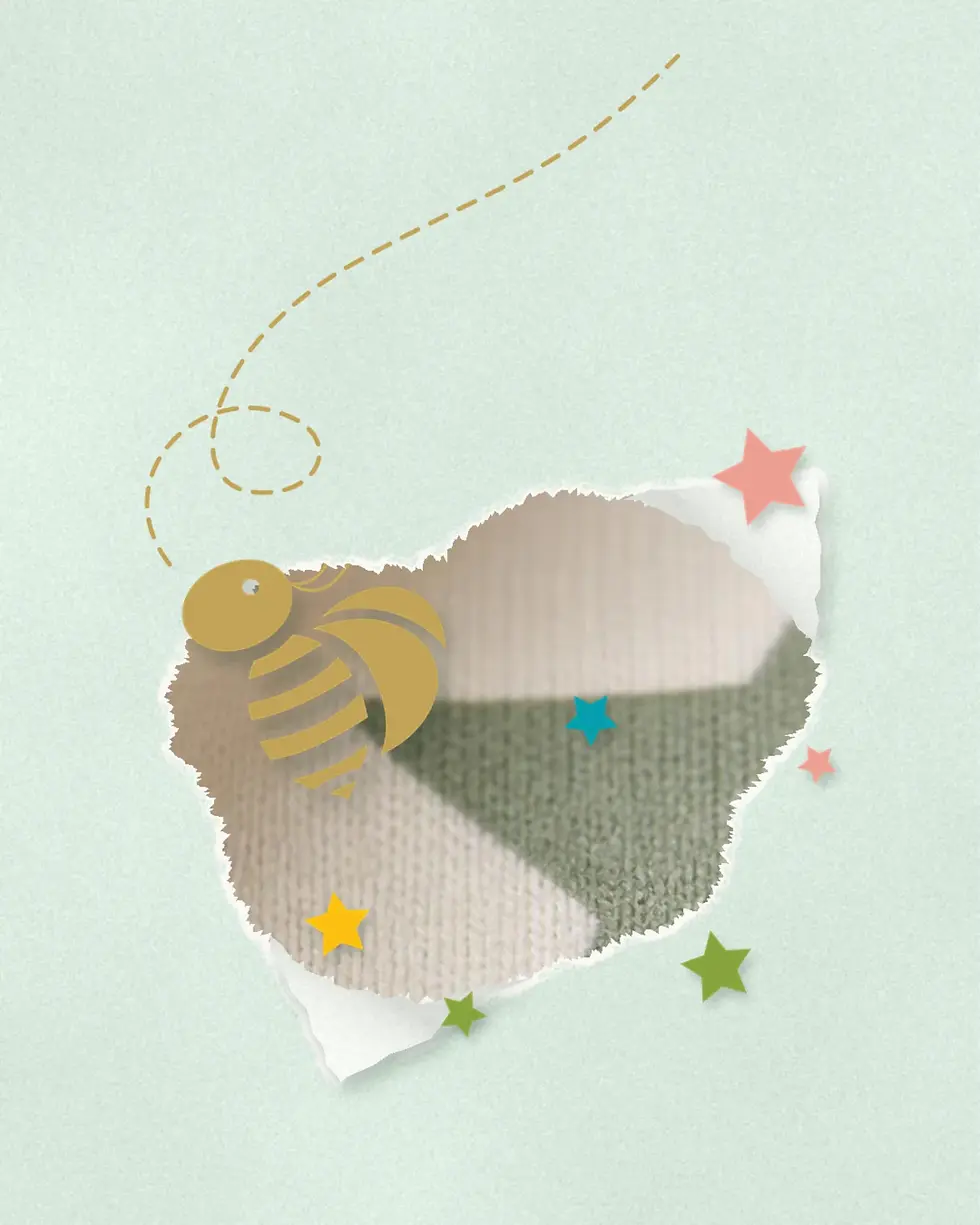 Baby Bee bee peeking out of torn paper with cotton fabric behind it: a preview of the Baby Bee Shop from 1 November