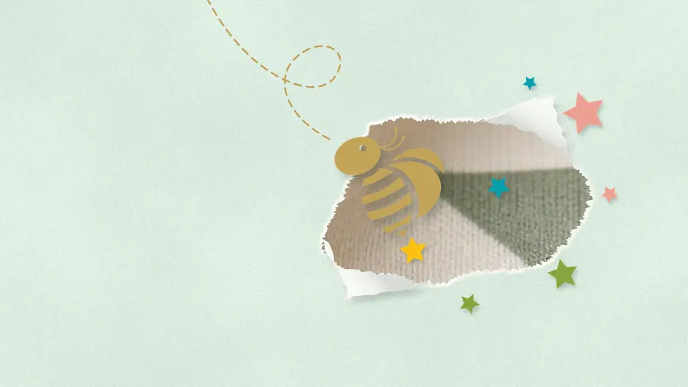Baby Bee bee peeking out of torn paper with cotton fabric behind it: a preview of the Baby Bee Shop from 1 November