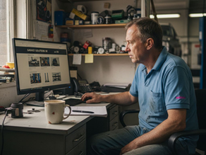 Garage owner examining website for professionalism