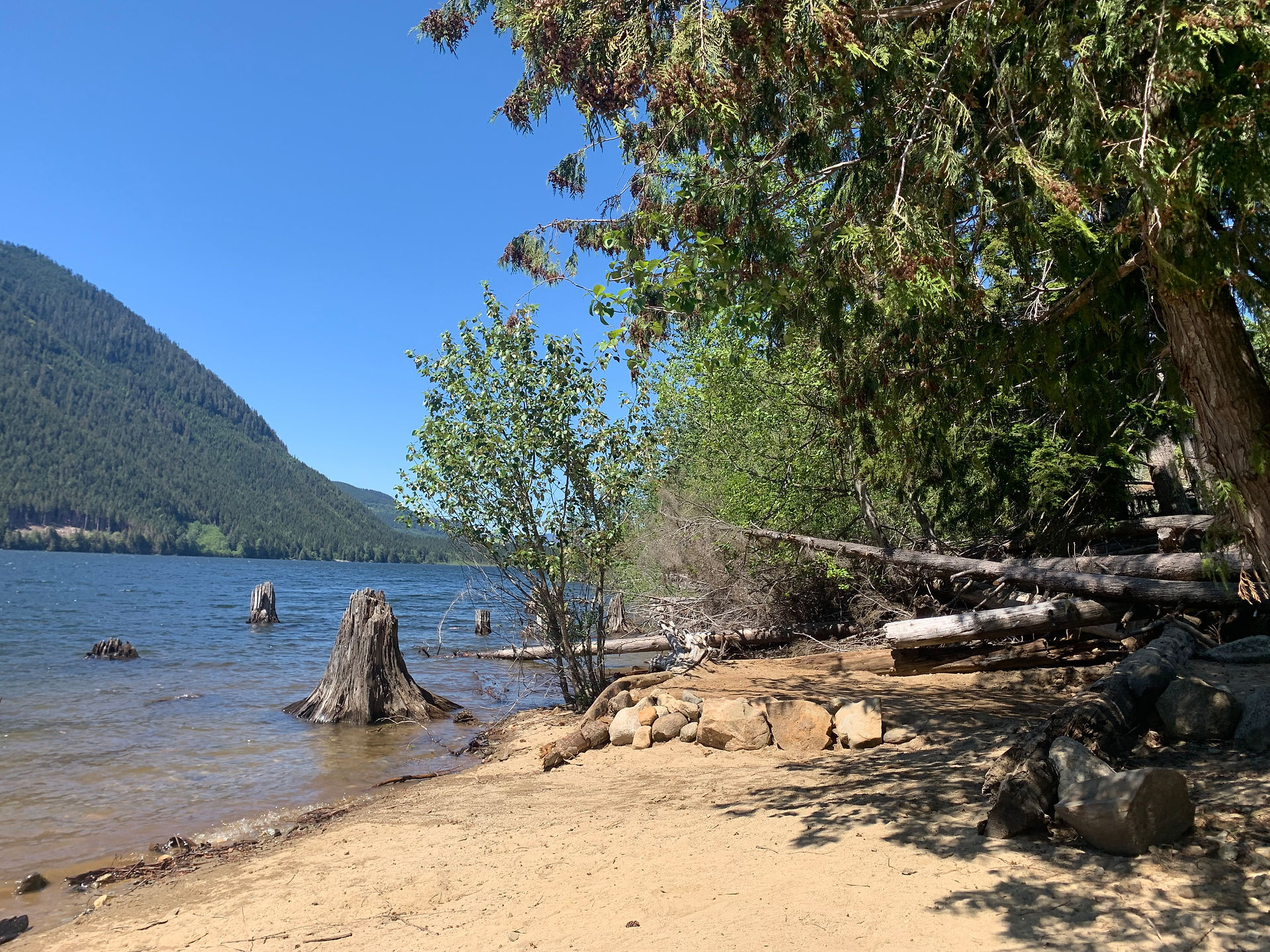 Jones Lake (Wahleach Lake) sandy lakeshore camping. 