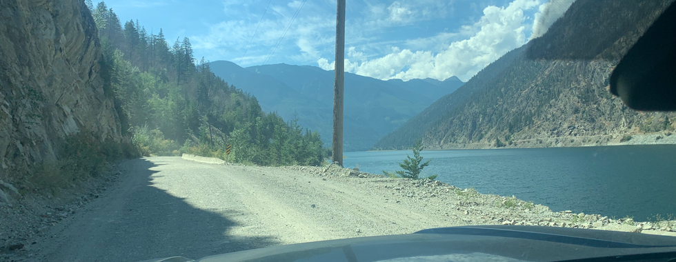 View of road along Carpenter Lake on Mission Pass - Mission Mountain and Seaton Highline Road overland route