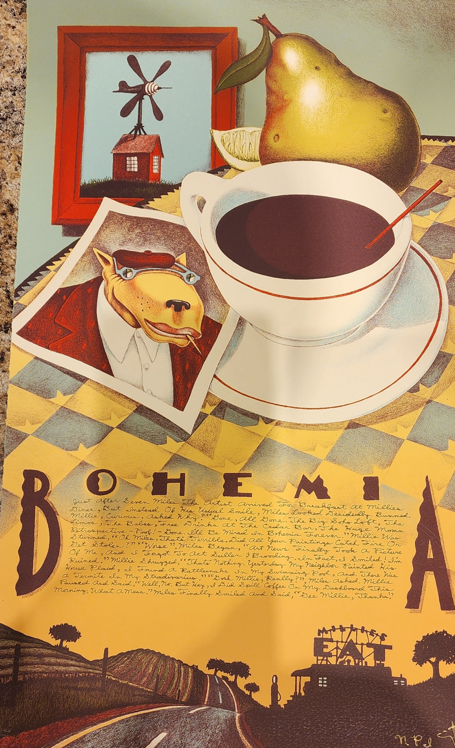Artist Markus Pierson image of a tea cup and pear on a table top with the word Bohemia in front of them