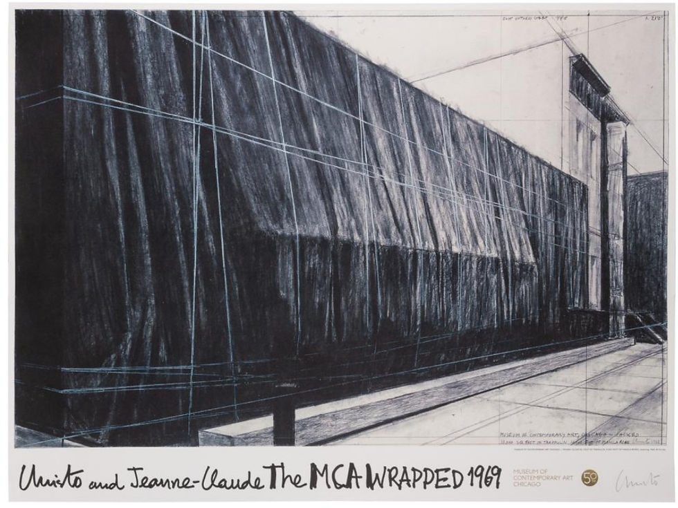 Side of CMOCA wrapped in Christo's iconic fabric