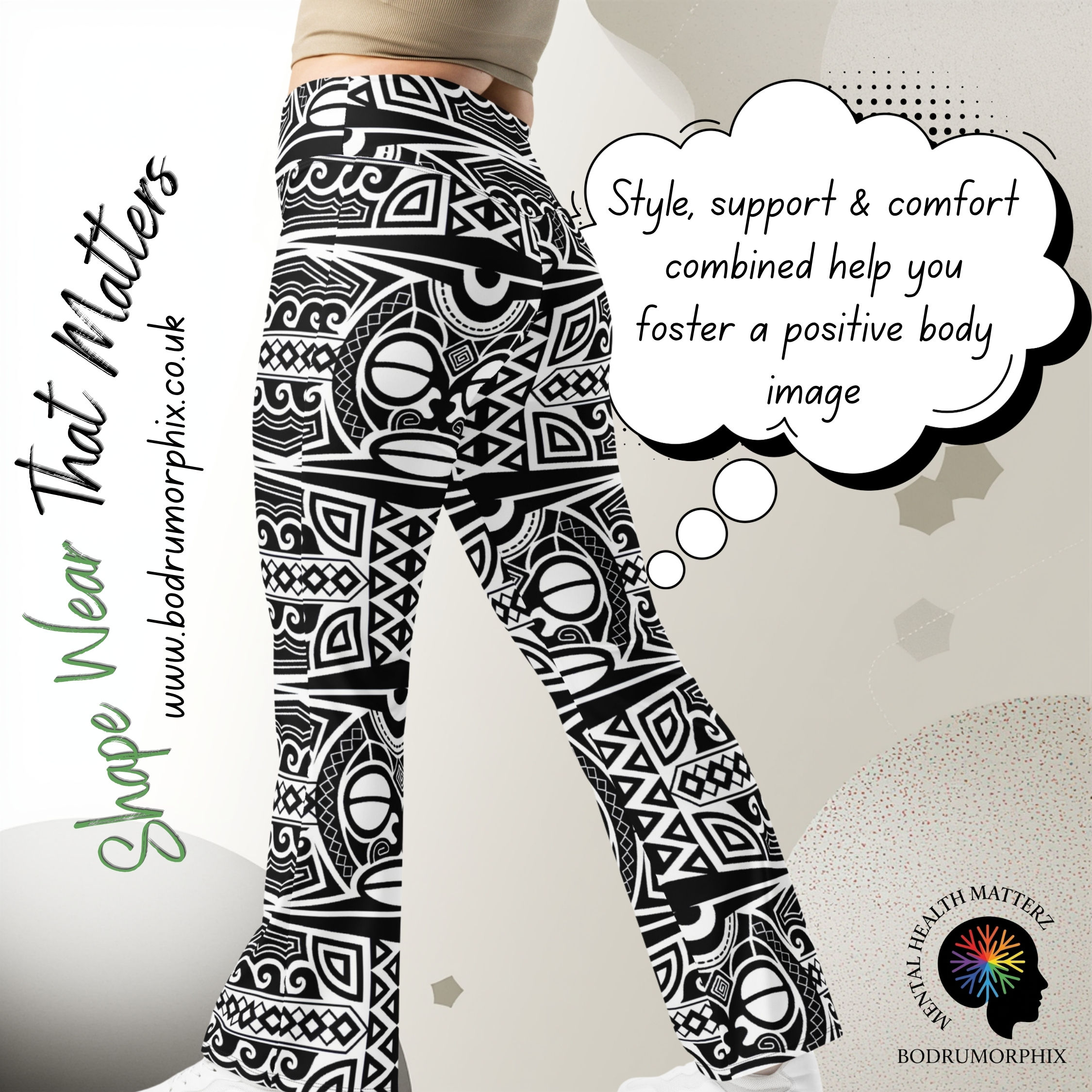 Black and white tribal print Festival Flare Leggings with Pocket, designed for style, comfort, and positive body image.