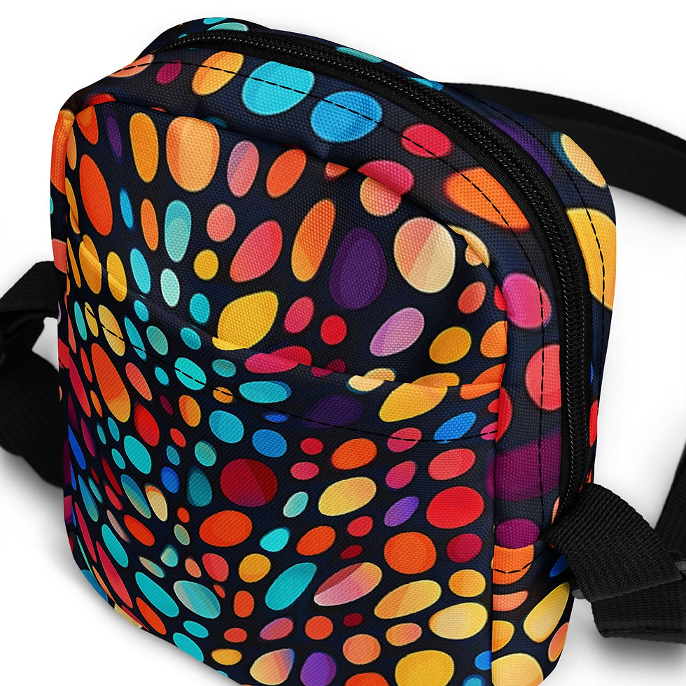 A navy crossbody sling bag featuring a vibrant pattern of multi-colored dots and pebble shapes in bright orange, pink, yellow