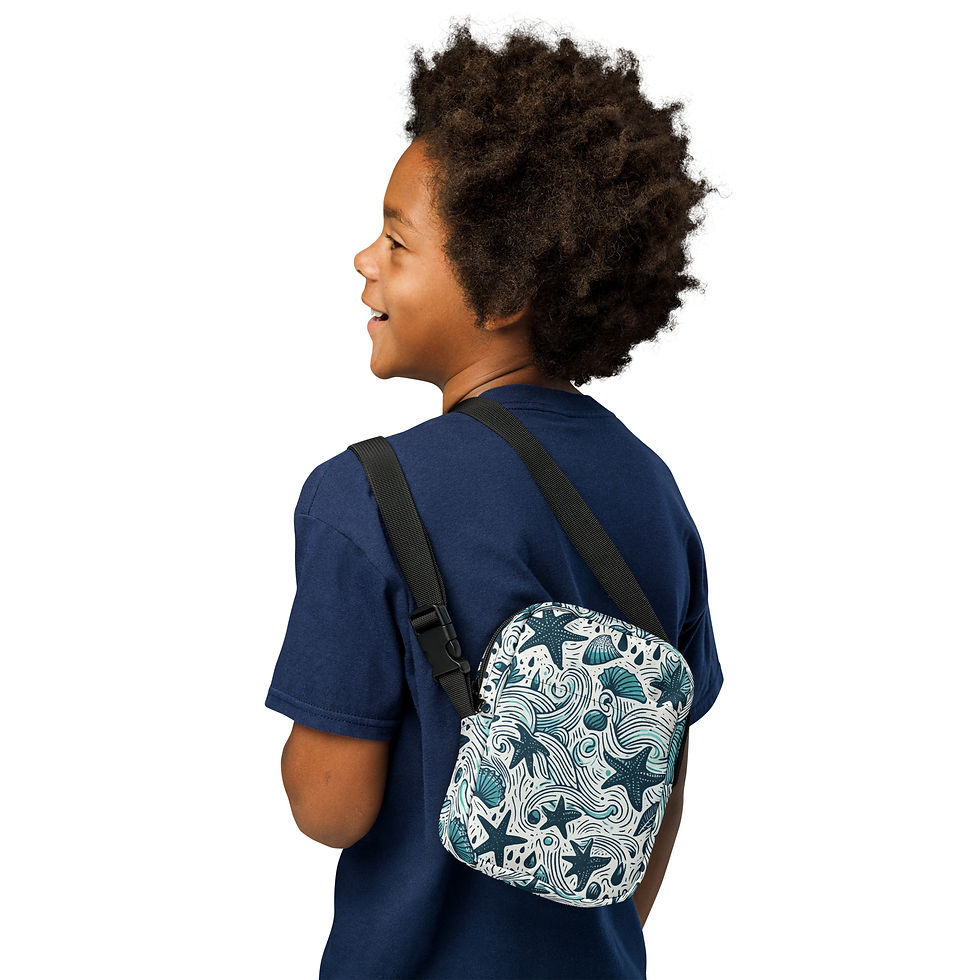 Thumbnail: Crossbody sling bag with a teal and navy blue nautical pattern of seashells, starfish, and ocean waves on a white background.