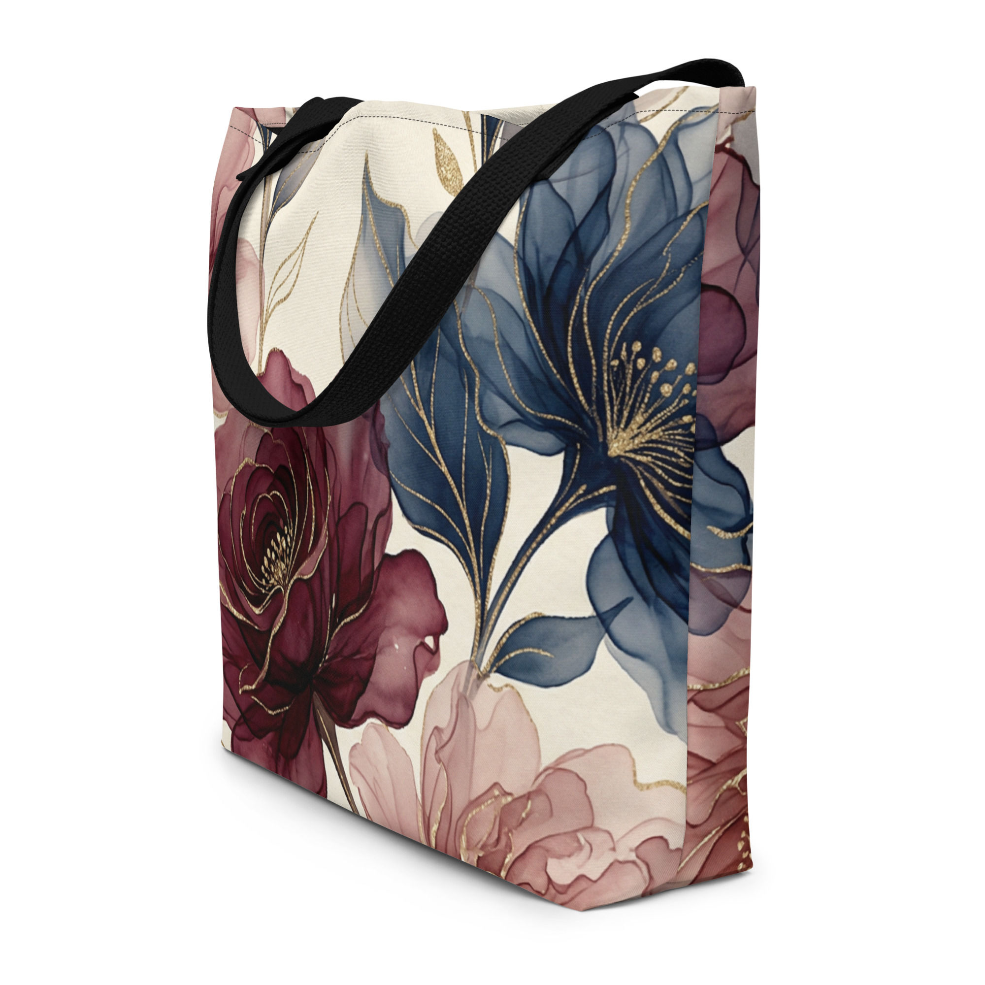 Vintage Peony & Gold Vein All-Over Print Large Tote Bag with Inside Pocket