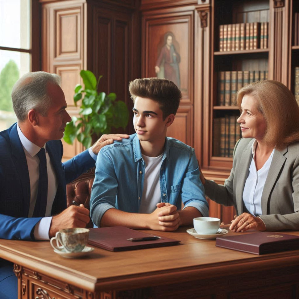 Parents talking with young adult about estate planning documents