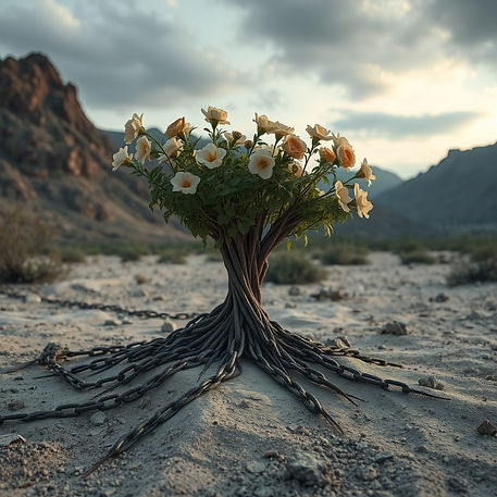 blooming with roots made out of broken chains in a desolate place.jpg