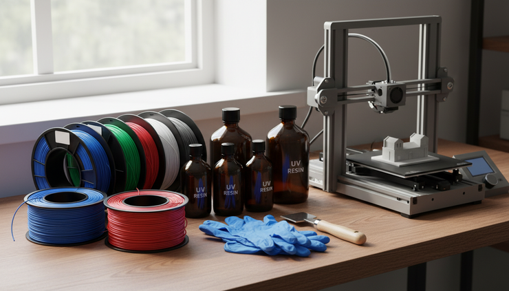 Vue à hauteur d’établi de bobines de filament et de bouteilles de résine rangées près d’une imprimante 3D.