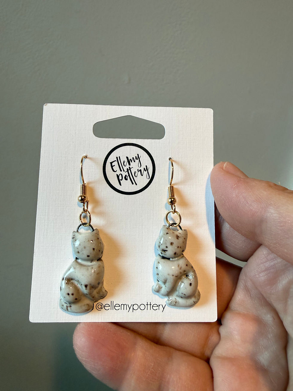 Ceramic cat hoop earrings with white glaze on tan speckled clay