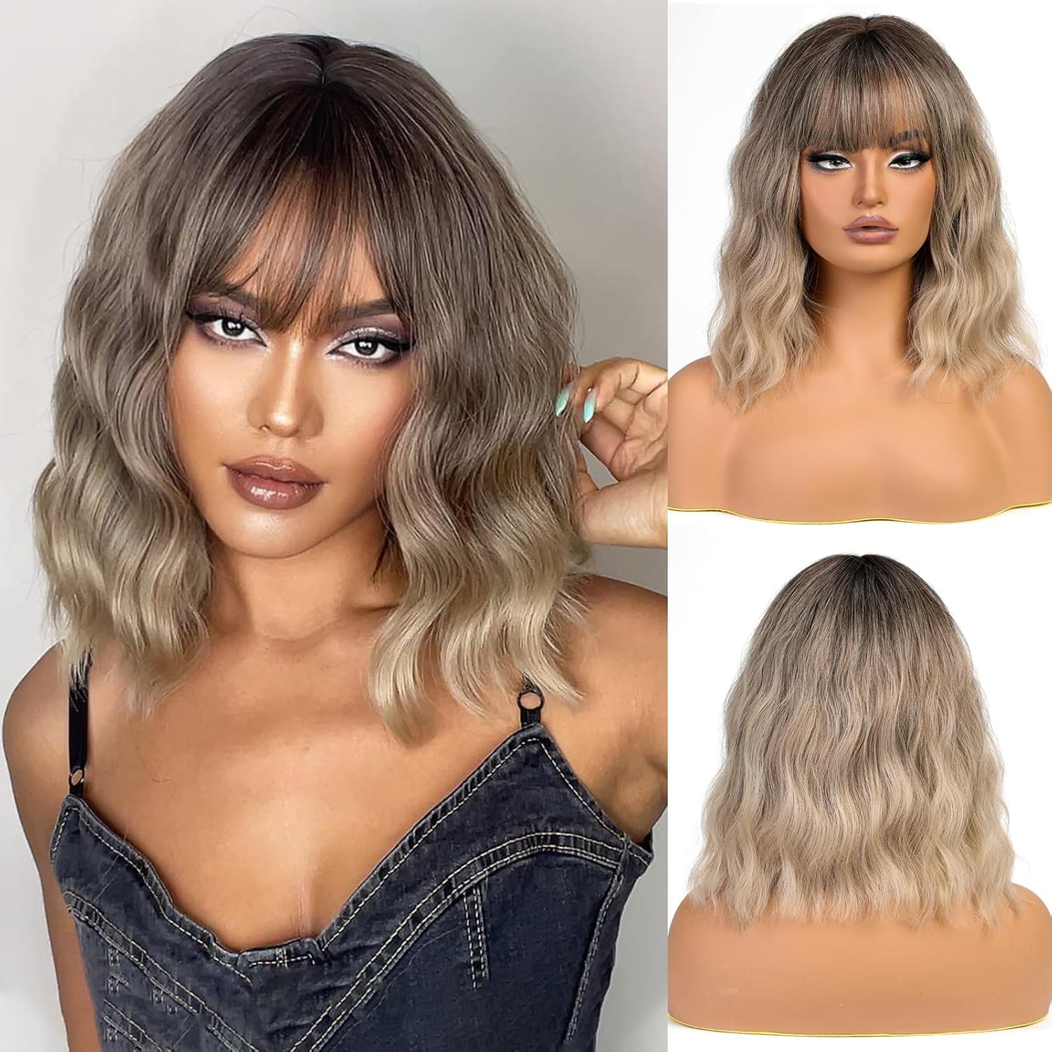 Short Curly Ombre Brown Wavy Bob Wig with Fringe - Natural Look Synthetic