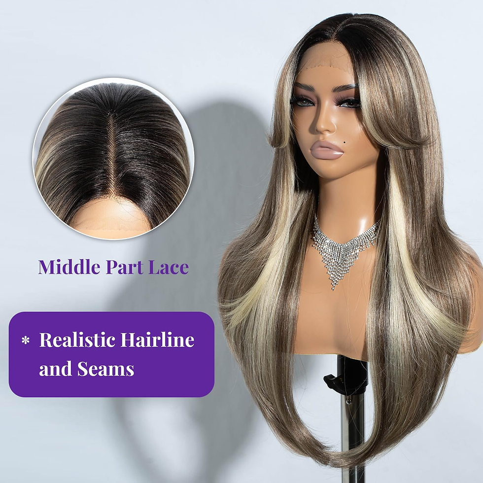Thumbnail: 26" Long Layered Lace Front Wig with Curtain Bangs - Heat Resistant Synthetic