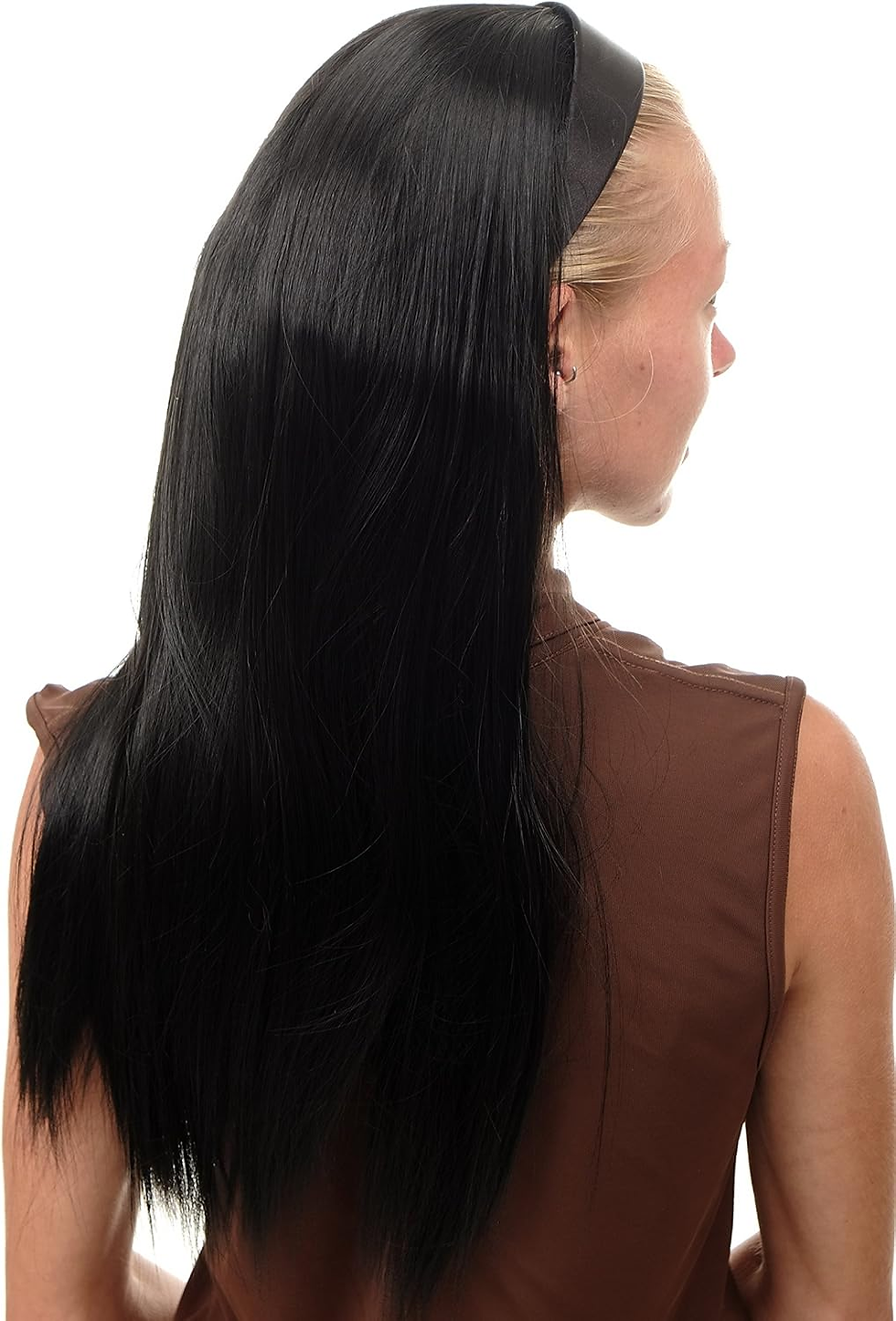 Thumbnail: 25-Inch Long Black Halfwig Hairpiece with Hoop - Sleek Straight Style