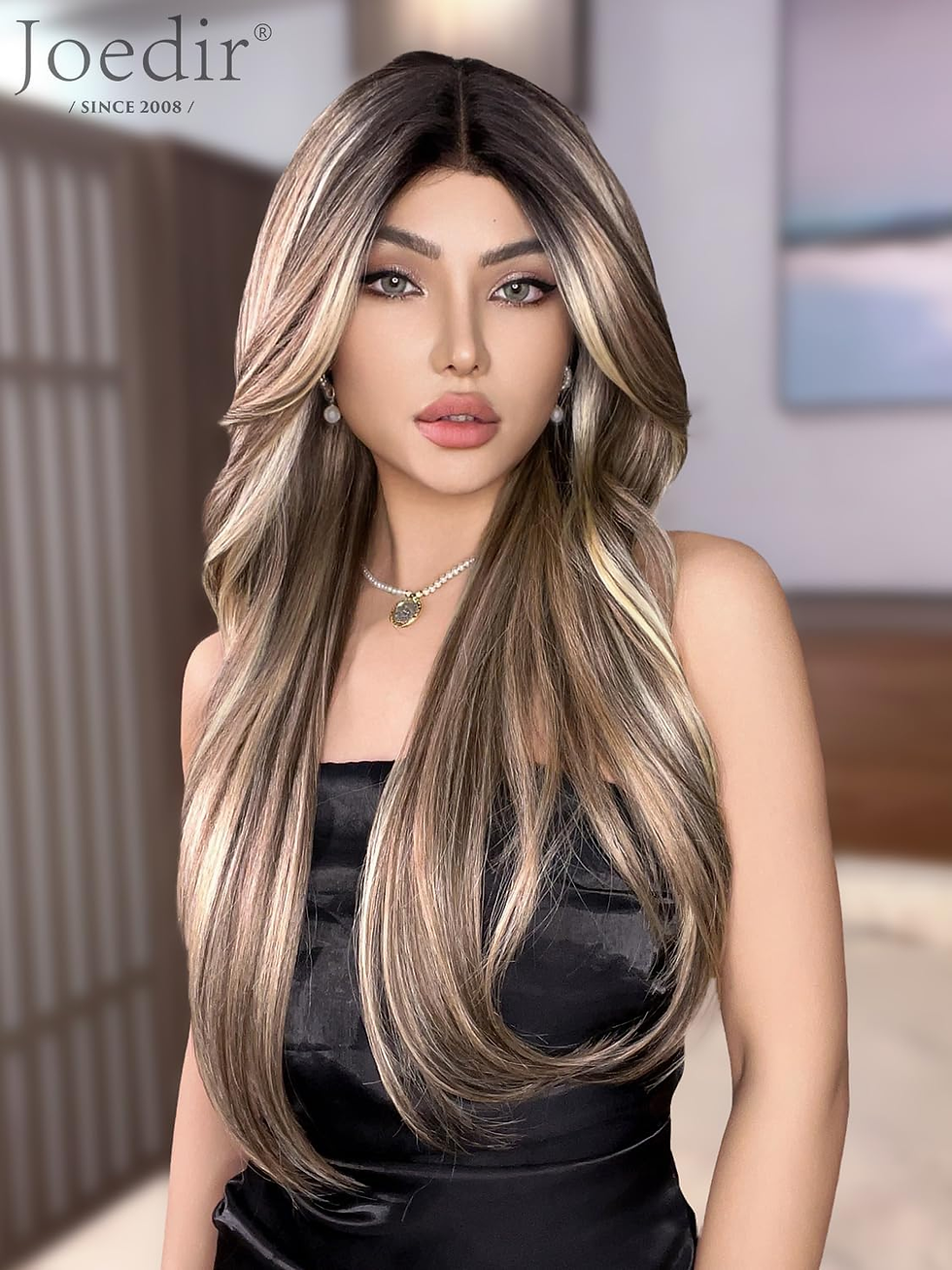 Thumbnail: 26" Long Layered Lace Front Wig with Curtain Bangs - Heat Resistant Synthetic