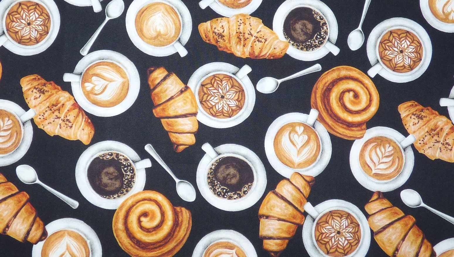 Bakery Cafe ~ Coffee, Scroll & Croissant (black background)          Fabric # N2