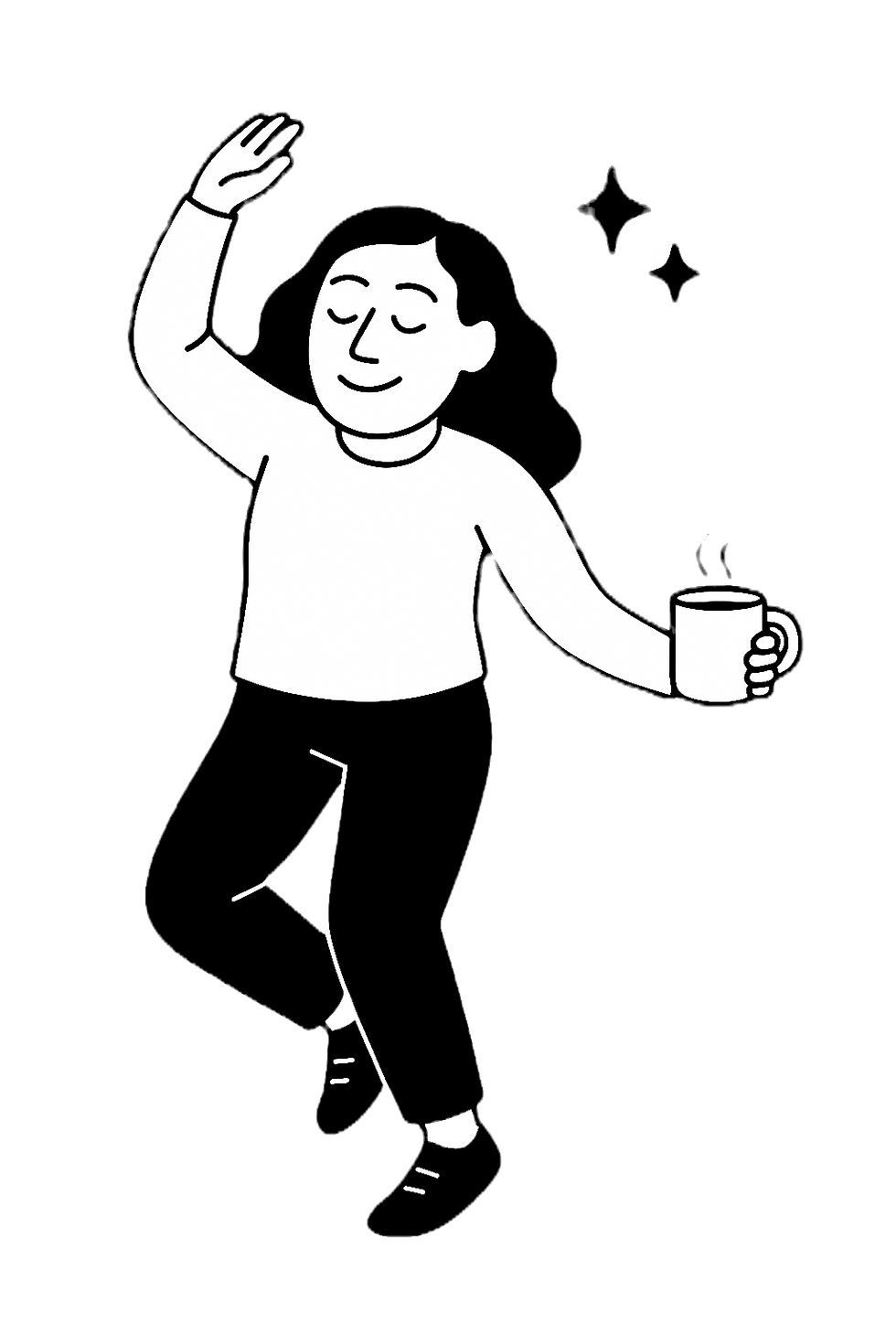 illustration of woman dancing with a cup of coffee in hand