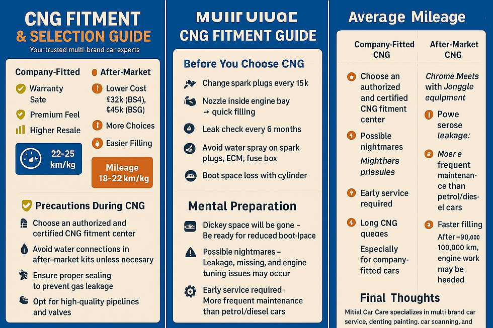CNG Fitment & Selection Guide by Mittal Car Care: A comprehensive resource comparing company-fitted and after-market CNG options, highlighting mileage, maintenance tips, and potential challenges for CNG vehicle owners.