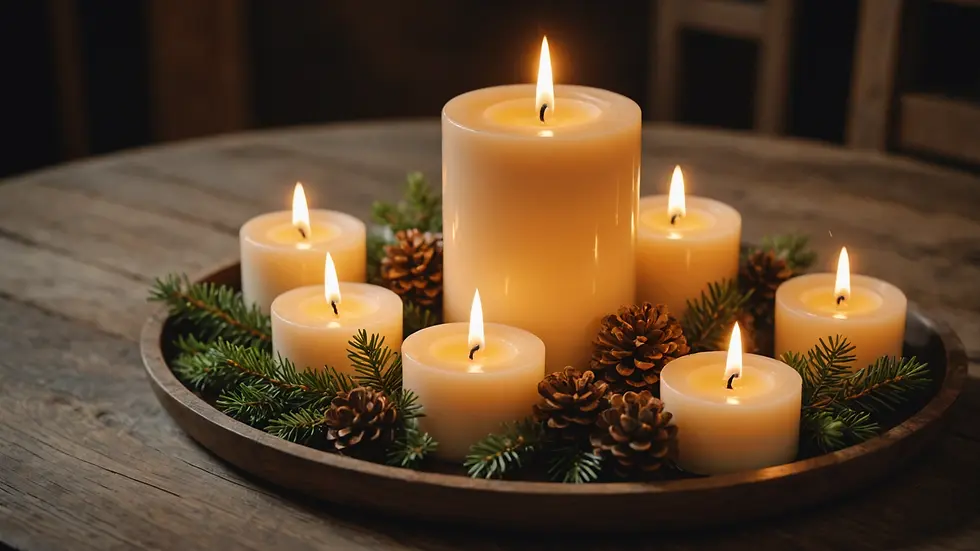 Close-up view of a decorative candle arrangement on a rustic tray