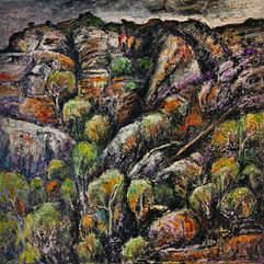 Textured image of rocks and trees filling the frame in a variety of exciting colours