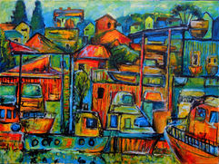 Semi abstract painting of houses and boats