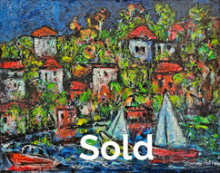 Houses trees river sailing boats with windy waves