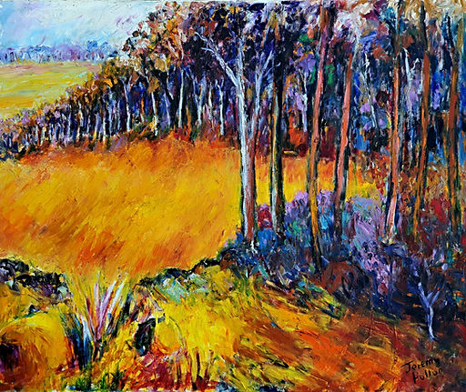 Orange and violet painting of trees, plants and fields