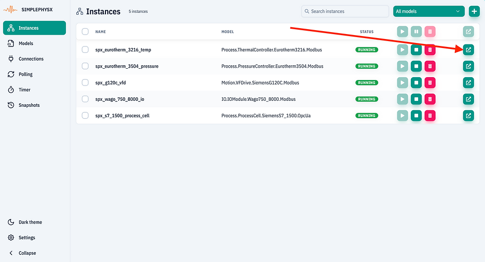 Dashboard showing 5 instances running with names and models listed. A red arrow points to an edit icon beside the last instance.