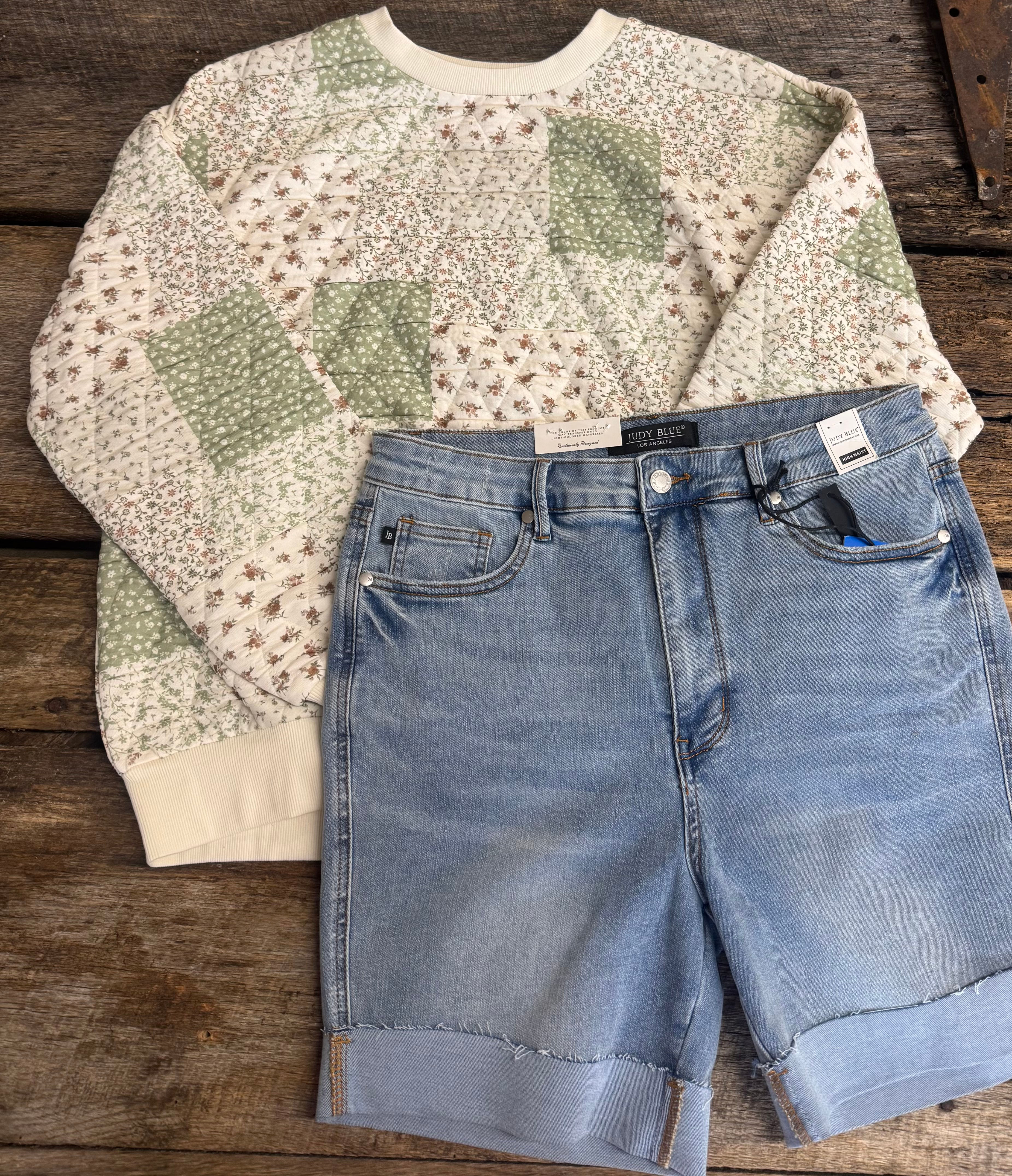 Multi-Floral Patchwork Long Sleeve Knit Top- Olive Multi