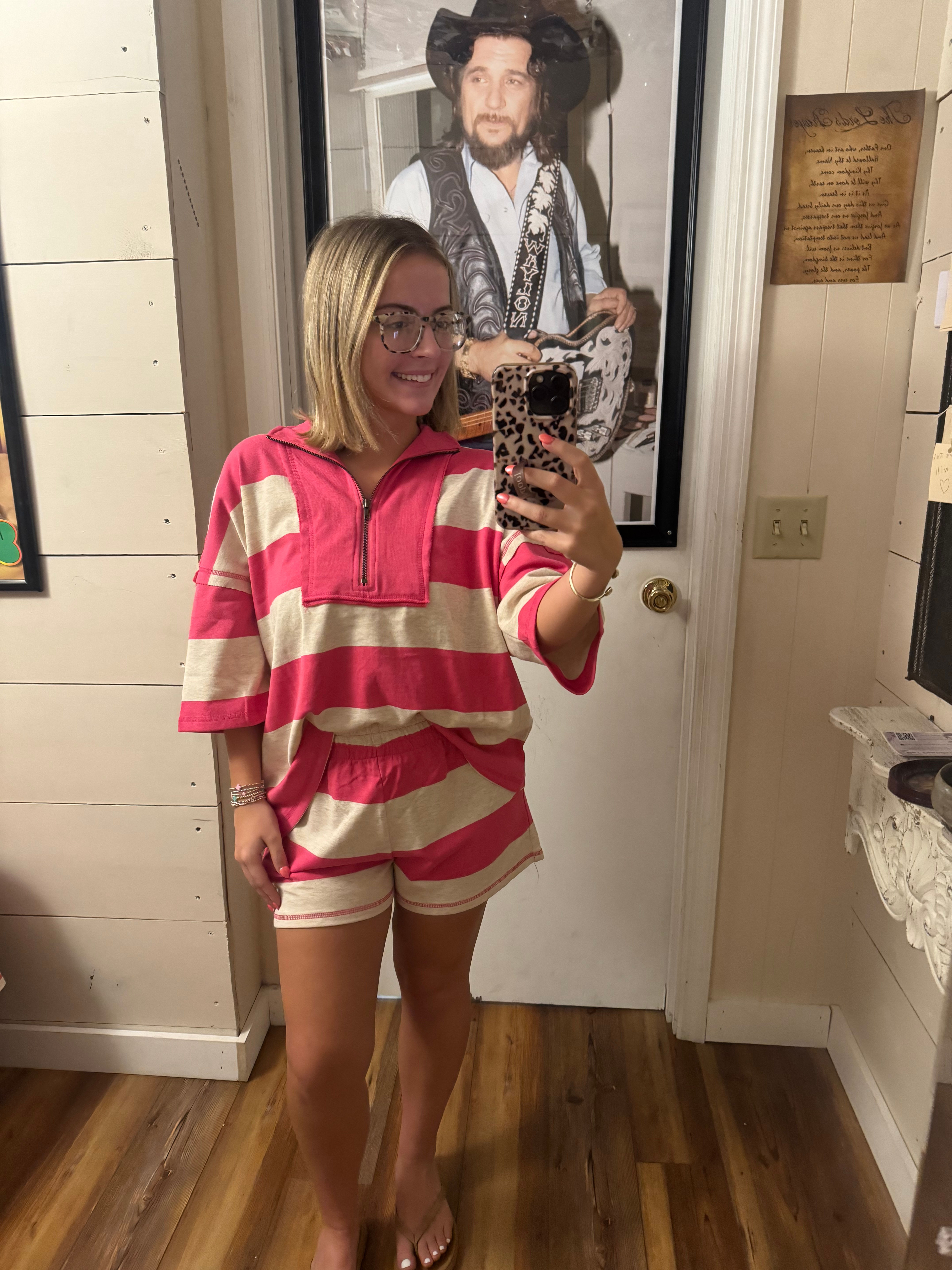F/Terry Striped Half Zip Set- Hot Pink