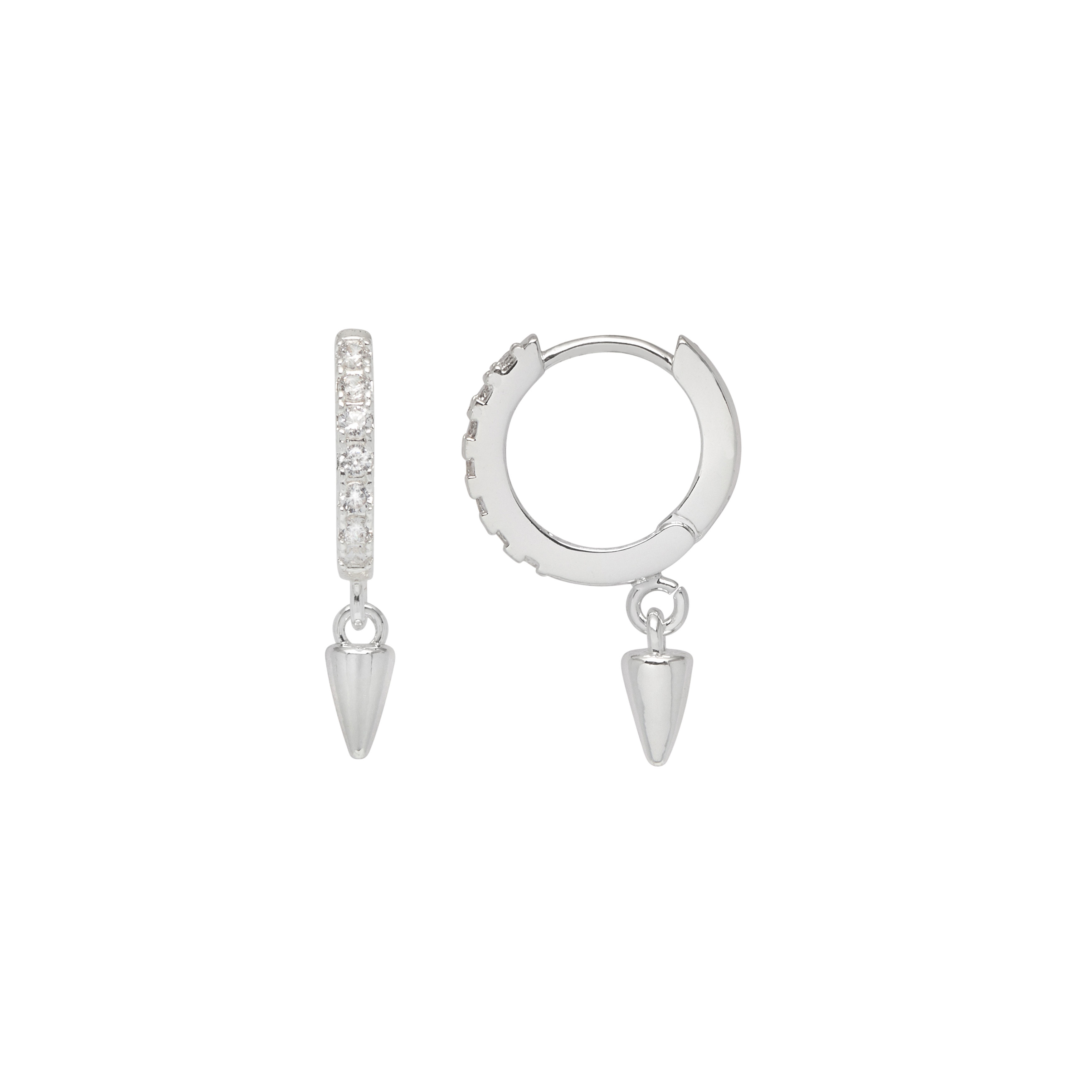 Spike drop pave hoop earrings - silver plated