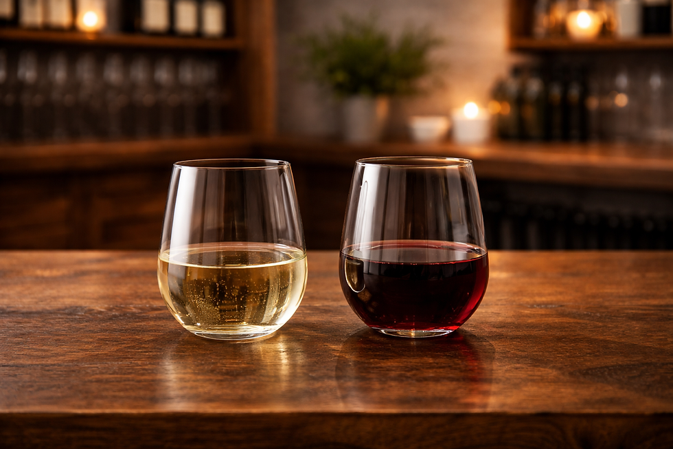 2 stemless wine glasses with white and red wine in them