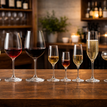 8 different wine in 8 different styles of wine glasses
