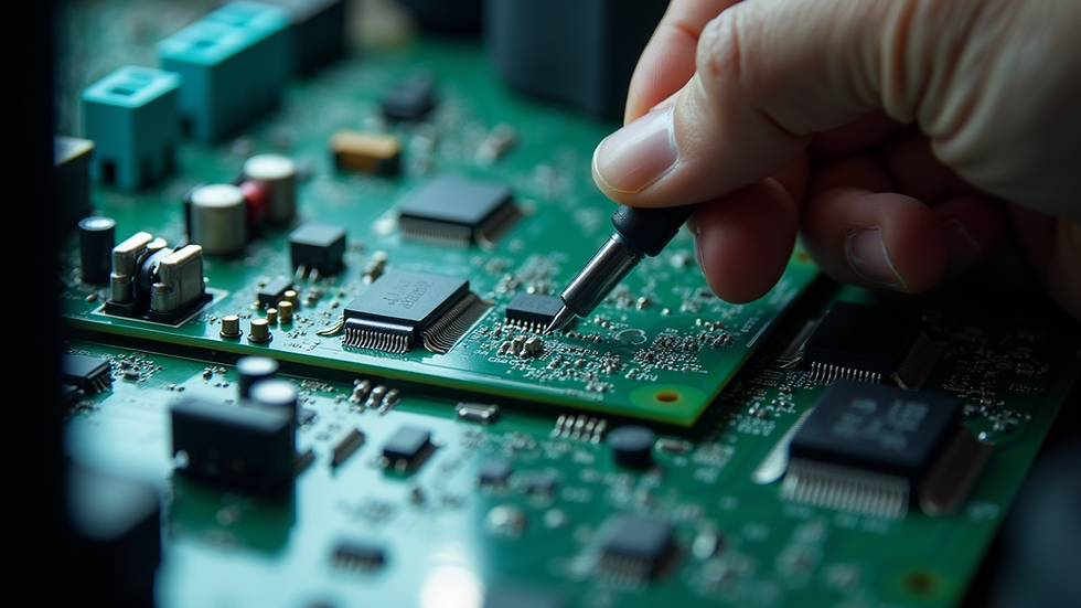 Close-up view of a technician repairing a TV circuit board