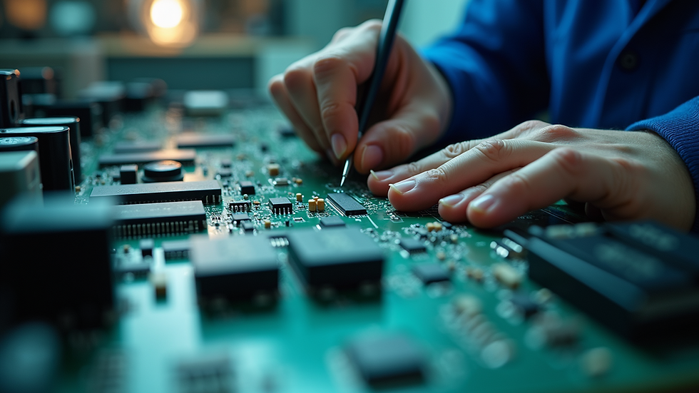 Close-up view of a technician testing a TV circuit board