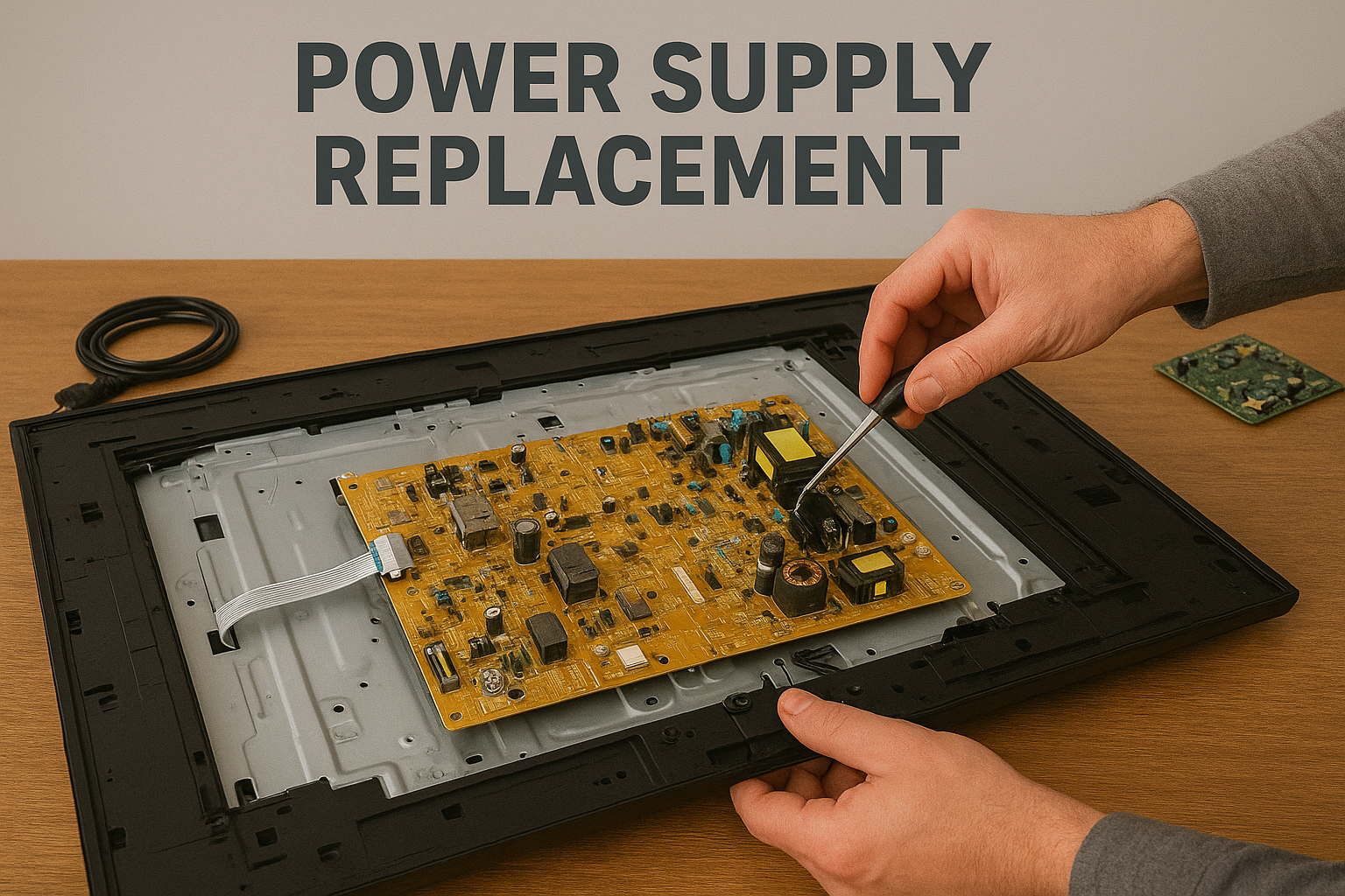Technician replacing Power Supply Board, "POWER SUPPLY REPLACEMENT", TV repair