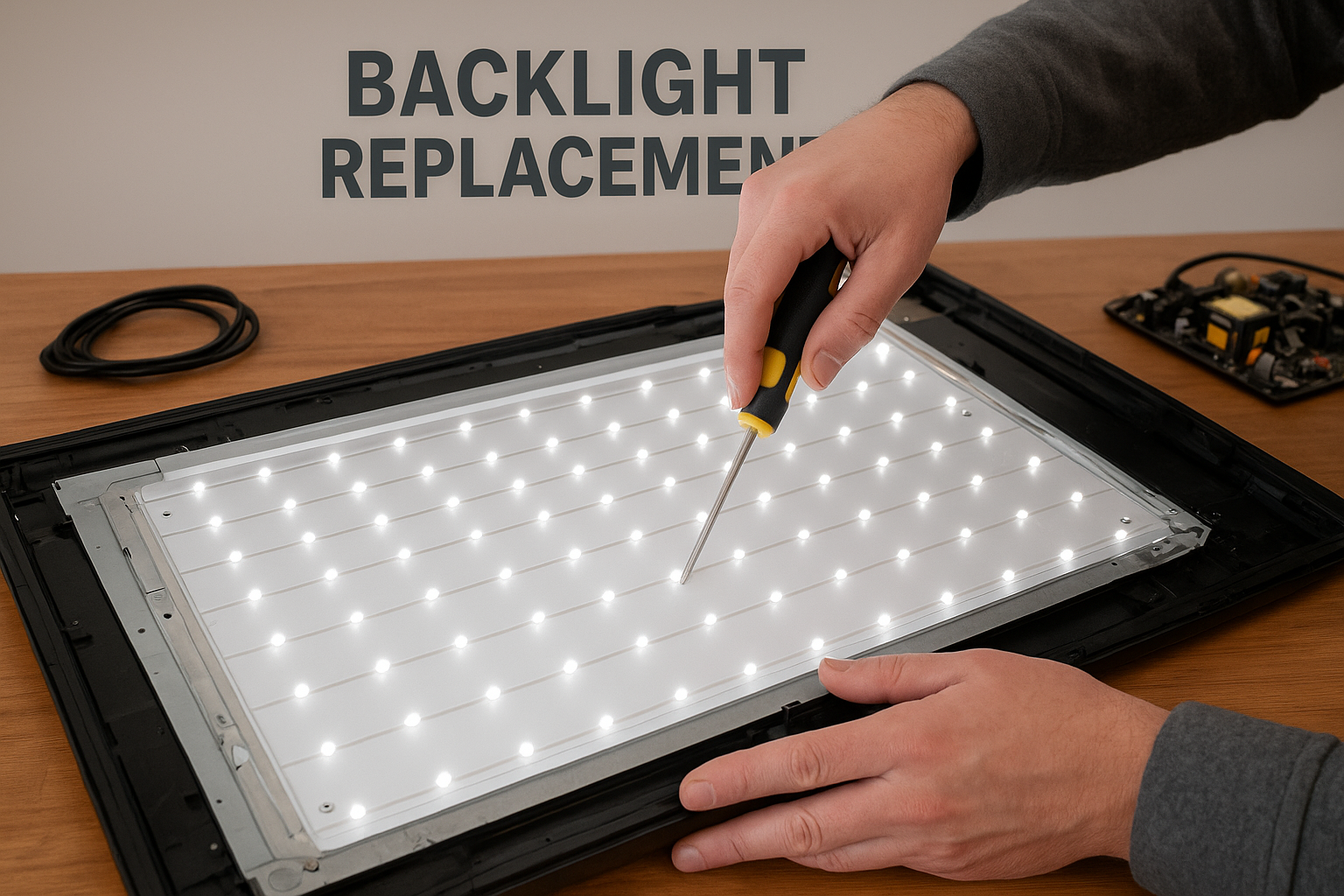 Technician repairing LCD backlight; Backlight Replacement