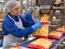 Worker in blue uniform and hairnet bags French fries on a factory conveyor beside a stainless steel filling machine.