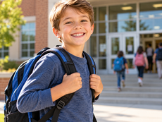 Smiling boy with backpack outside a school entrance as other students walk in on a sunny day
