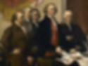 Five solemn statesmen in 18th-century dress gather around papers at a table in a formal room.