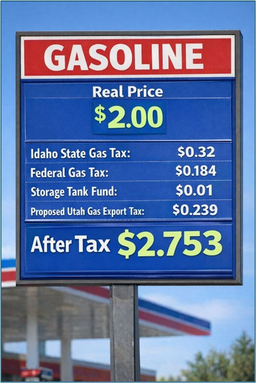 Gas station sign shows gasoline prices: $2.00 real price, $2.753 after taxes. Blue sign with red header, station in background.
