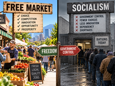Split image: sunny free-market produce stand with FREE MARKET sign; gloomy socialism queue and RATIONS TODAY sign.