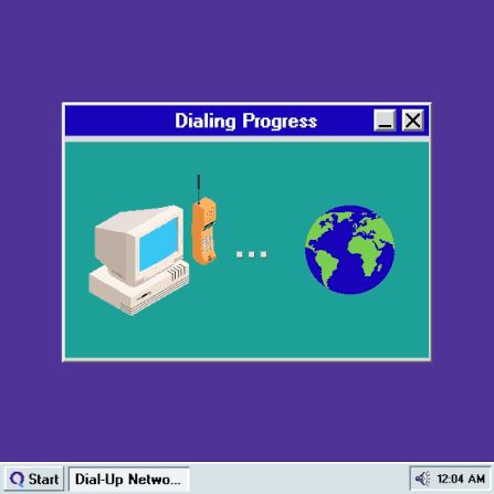 Retro Windows dial-up progress window showing a desktop PC, orange phone, and globe on teal background, with Start taskbar below.