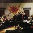 Delegates in a colonial chamber gather around a table signing documents, with red drapes and a patriotic banner on the wall.