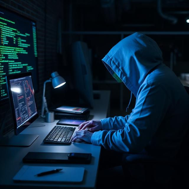 Hooded person types at a desk in a dark room lit by blue monitors showing code, creating a tense hacker mood