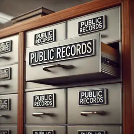 Metal filing cabinet labeled "Public Records" with a drawer open, revealing contents. Neutral tones dominate the office setting.