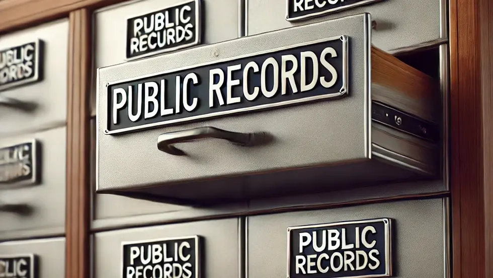 Metal filing cabinet labeled "Public Records" with a drawer open, revealing contents. Neutral tones dominate the office setting.