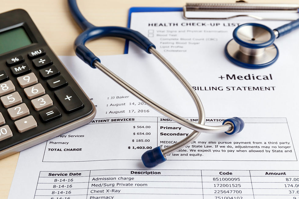 Calculator and stethoscope on a medical billing statement with a health check-up list on a clipboard.