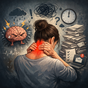 Illustration du lien entre stress chronique, charge mentale et douleurs cervicales, dans une approche bien-être et émotionnelle.